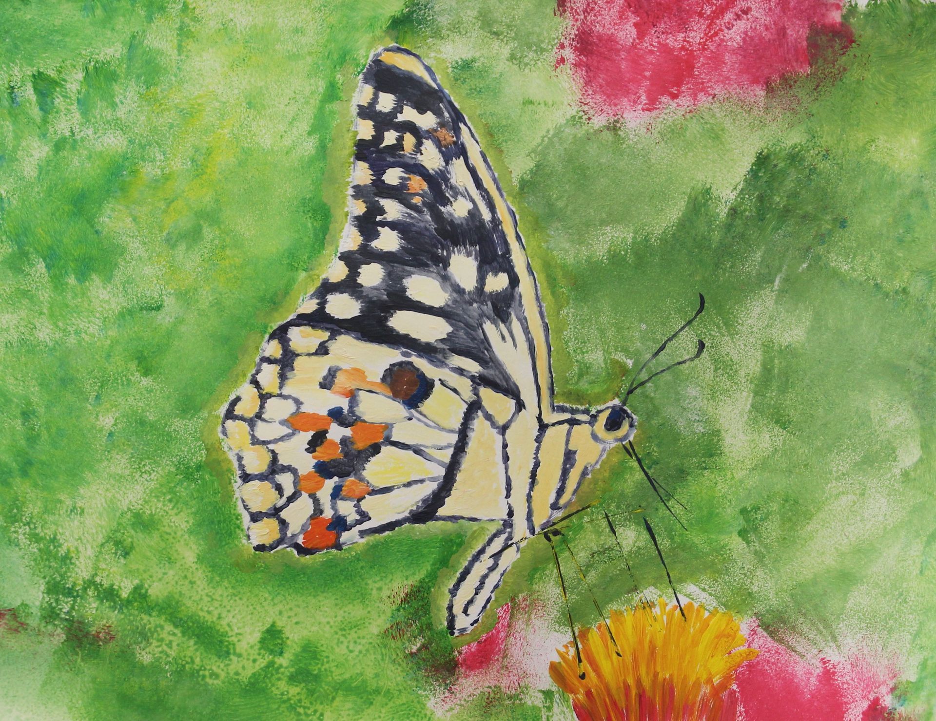 Een schilderij van een vlinder die op een bloem zit