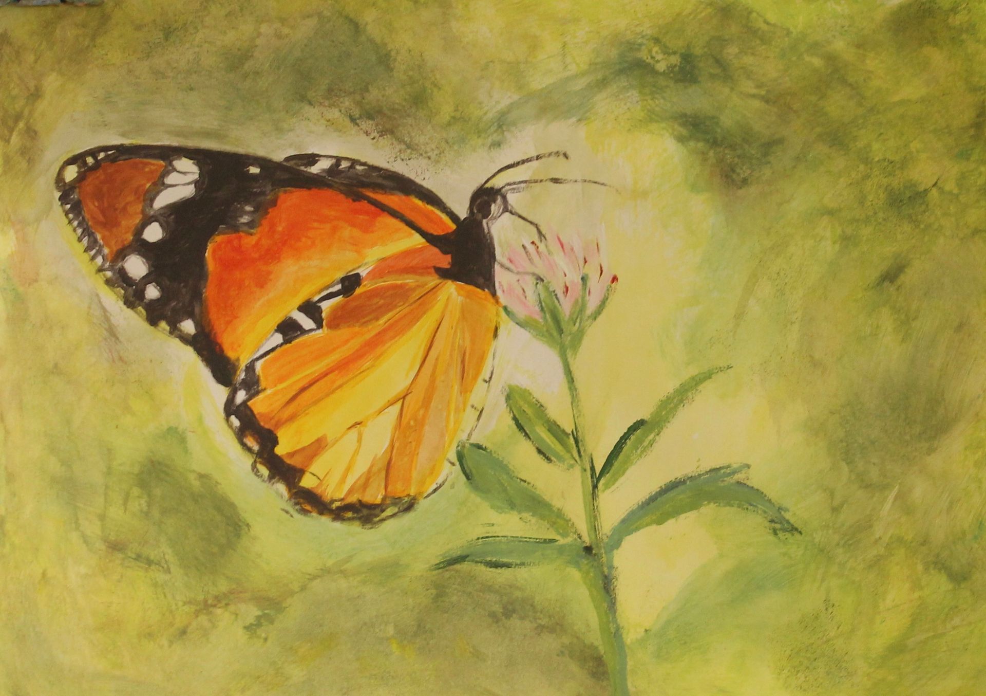 Een schilderij van een vlinder die op een bloem zit