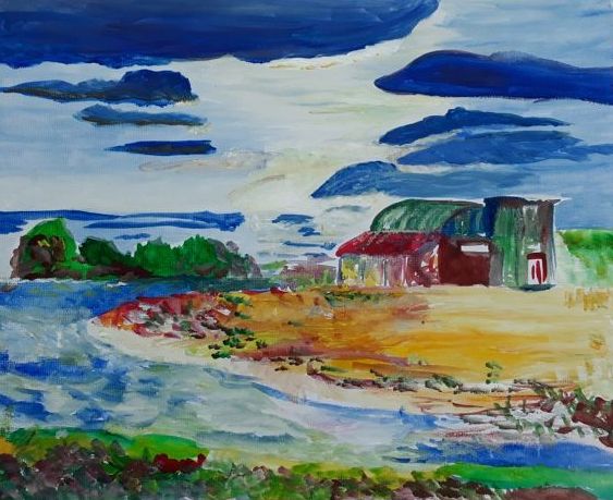 Landschapsschilderij met temperaverf geschilderd
