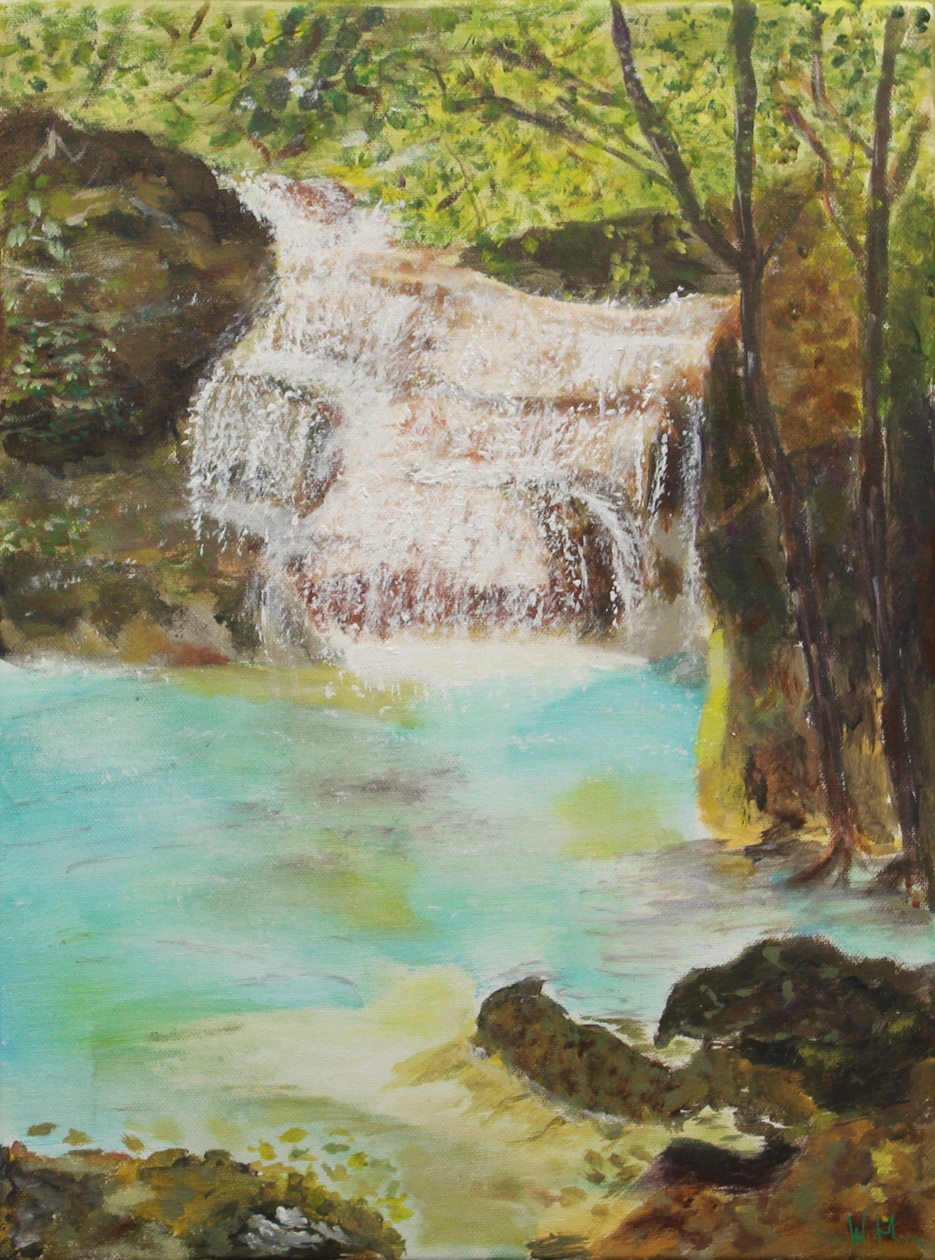 Een schilderij van een waterval met bomen op de achtergrond