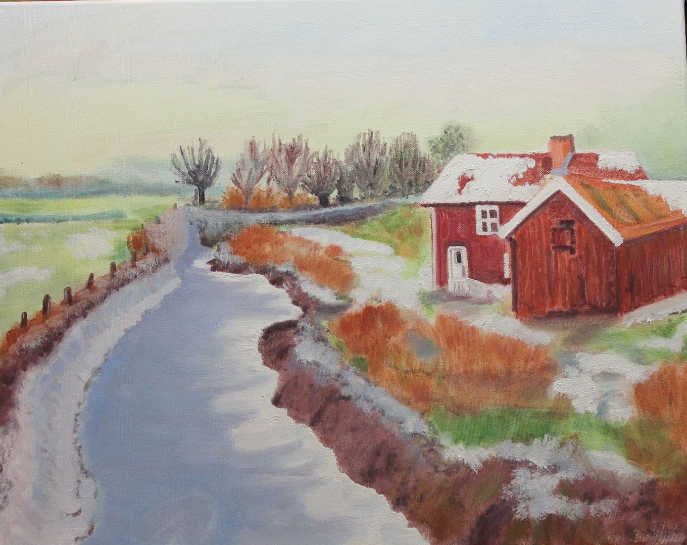 In de schilderles met olieverf ontstaat dit schilderij van een rood huis met sneeuw op het dak