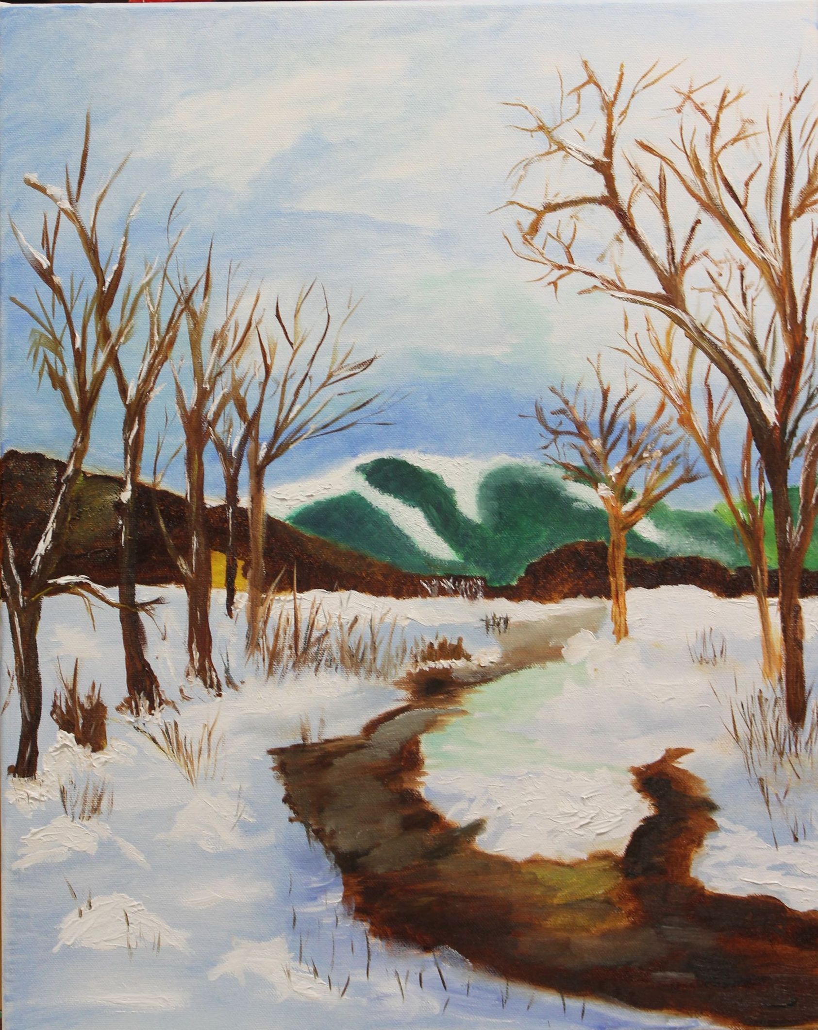 Tijdens de schilderles ontstaat dit schilderij van een besneeuwd landschap met bomen en bergen op de achtergrond