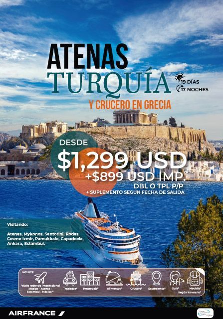Anuncio de un tour por Atenas, Turquía, y un crucero por Grecia. El anuncio muestra un barco en el agua, con la Acrópolis al fondo, y el precio comienza en $1,299 USD.