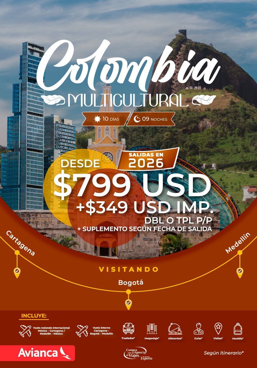 Anuncio de viaje para un tour multicultural por Colombia. Precio desde $799 USD, con varias ubicaciones y el logotipo de Avianca.