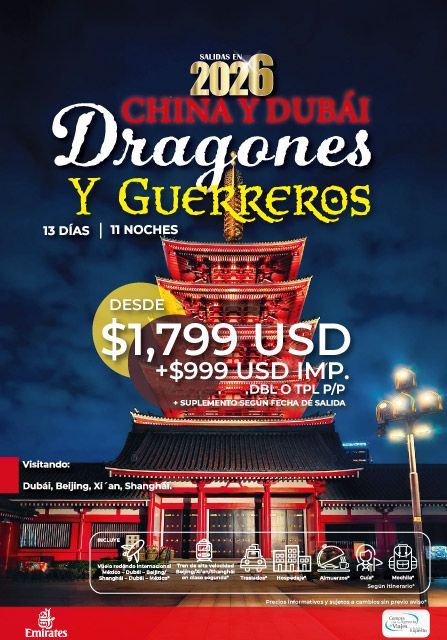 Anuncio de viaje para un tour de 13 días por China y Dubái, titulado