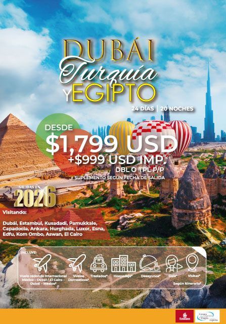 Anuncio de viajes a Dubái, Turquía y Egipto. Incluye precios, una lista de ciudades visitadas y lugares emblemáticos con la marca Emirates.