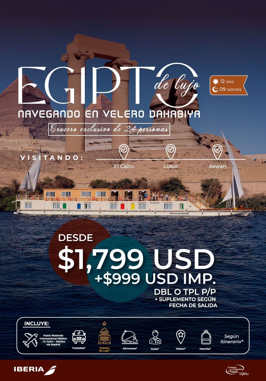 Anuncio de viaje para un lujoso viaje a Egipto en velero. Incluye texto en español, precios y una pirámide como fondo.