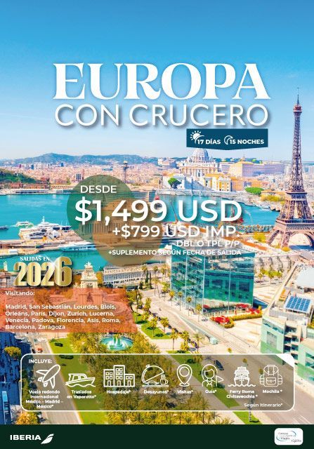 Anuncio de un crucero europeo, con lugares emblemáticos como la Torre Eiffel y el paseo marítimo. Precios desde 1499 USD.