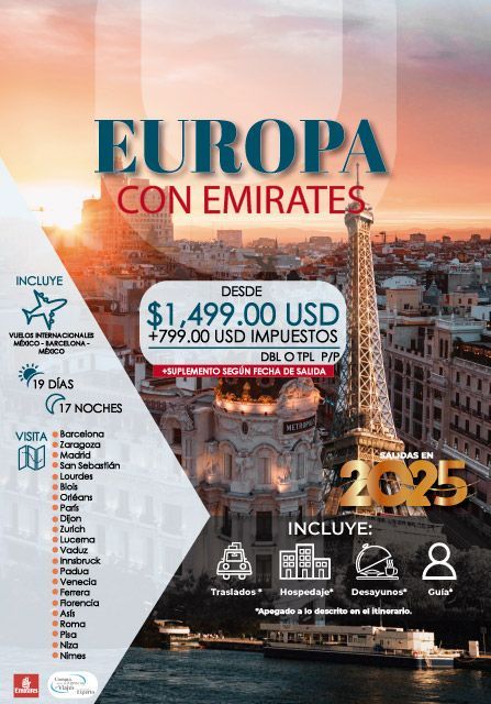 Anuncio de viaje a Europa con Emirates. Incluye precio, duración y destinos. Incluye la Torre Eiffel.