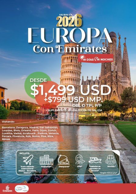 Anuncio de viaje a Europa con Emirates. Precio desde USD 1499 más USD 799 de impuestos internacionales. Incluye varios destinos europeos.