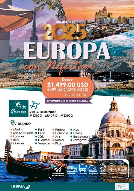 Póster de viaje a Europa en 2025, con destinos. Incluye precio desde 1499 USD y el logotipo de la aerolínea.