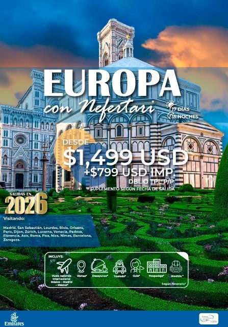 Anuncio de viaje a Europa en 2026, con la arquitectura, los precios y los logotipos de Florencia. Texto en español: