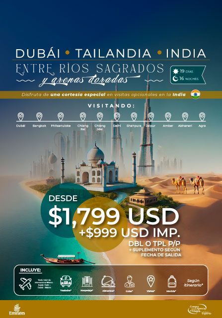 Póster de viaje: Recorrido por Dubái, Tailandia e India. Incluye lugares emblemáticos, paseo en camello y precios desde 1799 USD.