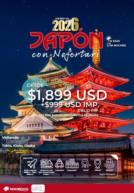 Anuncio de viaje a Japón en 2026 con Nefertari, ofreciendo un viaje desde $1,899 USD más $999 USD IMP.