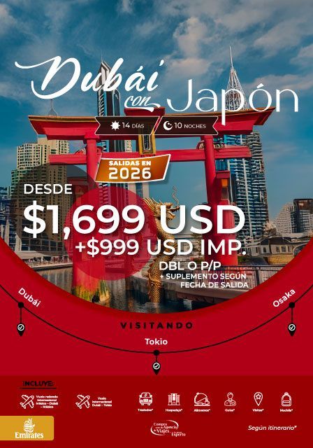 Anuncio de viaje para un tour por Dubái y Japón. Diseño en rojo y blanco que muestra una puerta japonesa frente a una ciudad moderna. Precio desde 1699 USD más impuestos.
