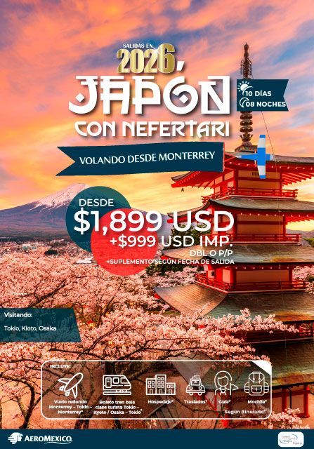 Anuncio de viaje a Japón en 2026 desde Monterrey, México. Incluye precio, una pagoda japonesa y cerezos en flor.