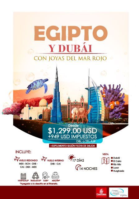 Anuncio de viajes a Egipto y Dubái, con atracciones turísticas y el Mar Rojo. Precio desde 1299 USD más impuestos.