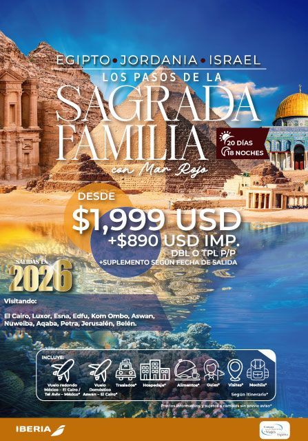 Anuncio de viaje para un tour a Egipto, Jordania e Israel. Incluye pirámides, una mezquita y un texto que destaca el tour