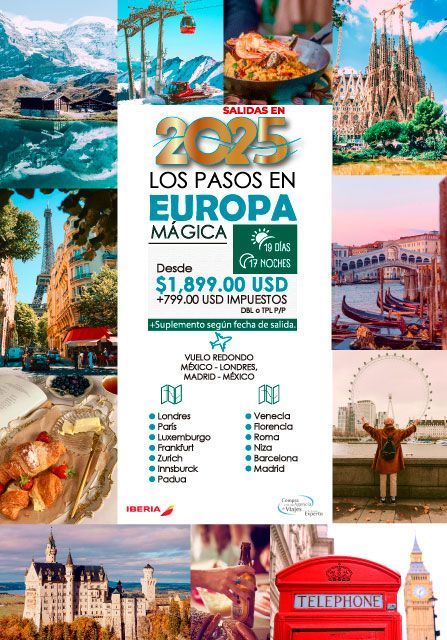 Anuncio de viaje para un recorrido por Europa en 2025, con fotografías de lugares emblemáticos, con precios y destinos enumerados.