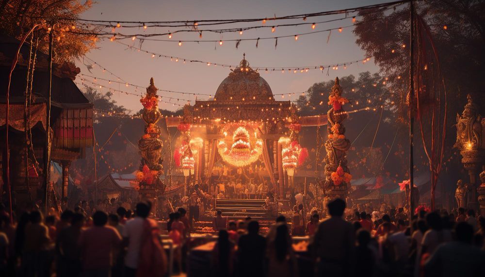 Un vibrante festival al anochecer. Un gran edificio ornamentado, iluminado por guirnaldas de luces, se llena de gente en un ambiente animado.