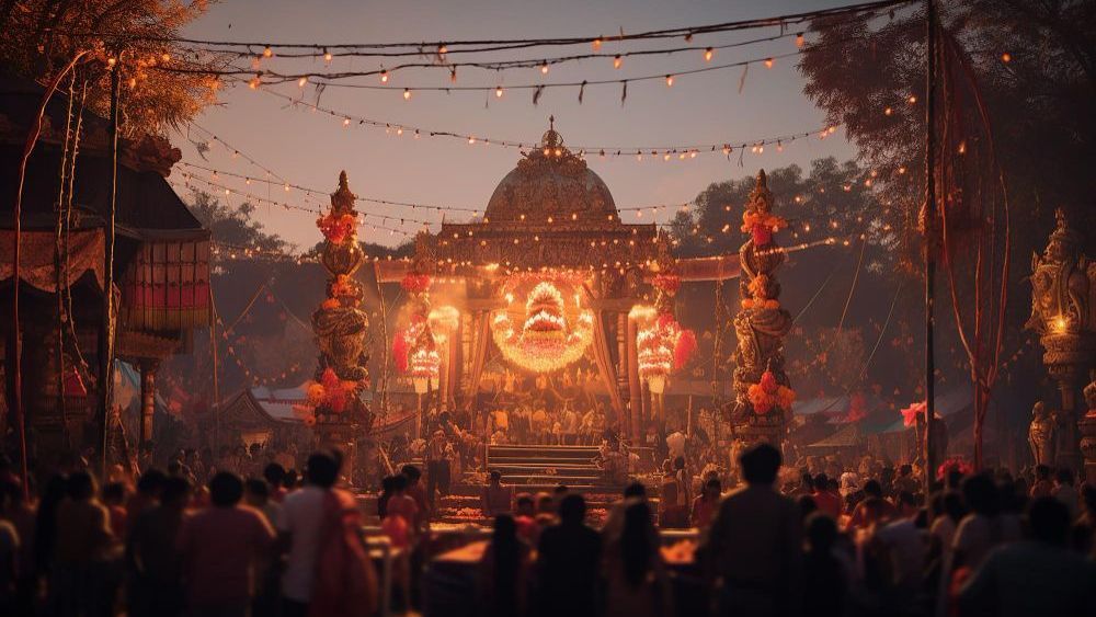 Un festival nocturno con un escenario bien iluminado, adornado con luces y decoraciones, y una multitud de personas observando.