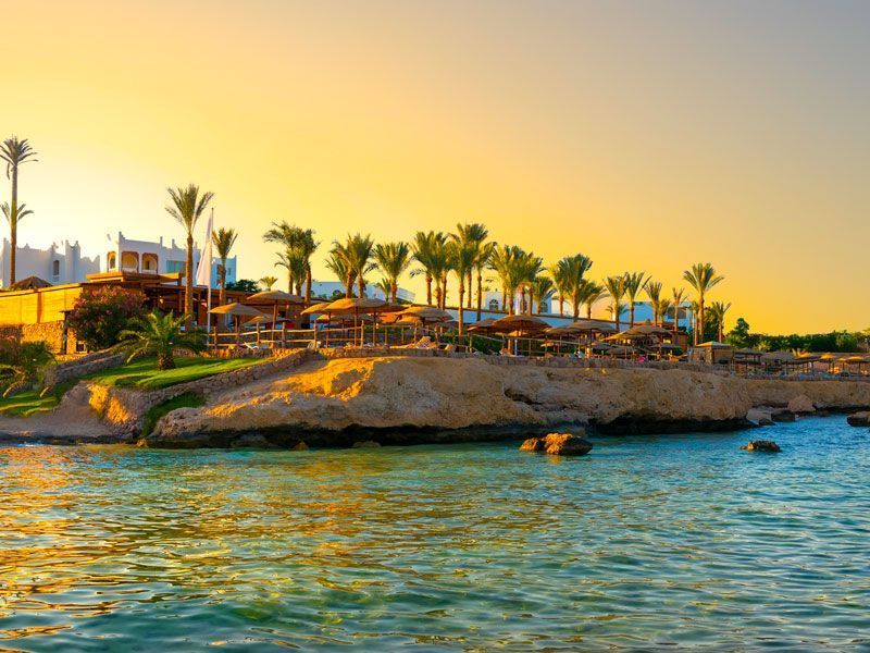 Balneario costero al atardecer: cielo dorado sobre una orilla rocosa, con palmeras y sombrillas cerca del agua.