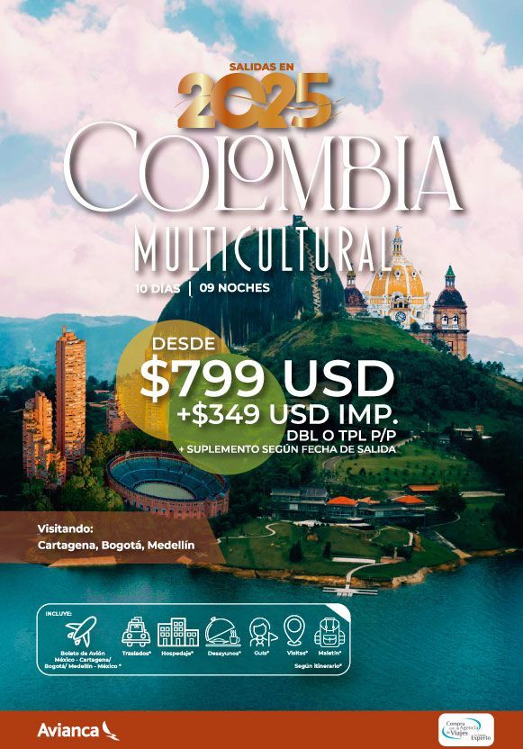 Póster promocional de la gira multicultural por Colombia en 2025. Incluye información sobre lugares de interés y precios.
