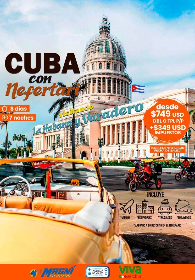 Anuncio de viaje a Cuba con foto de un descapotable amarillo y el Capitolio. El texto incluye