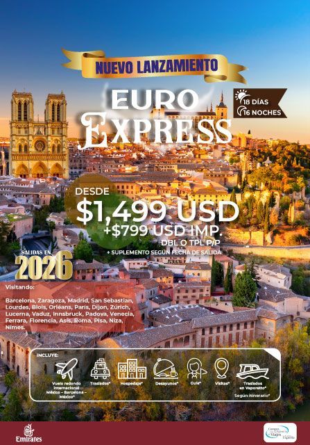 Publicidad de tours Euro Express, a partir de $1,499 USD, que muestran ciudades europeas con el atardecer como telón de fondo.