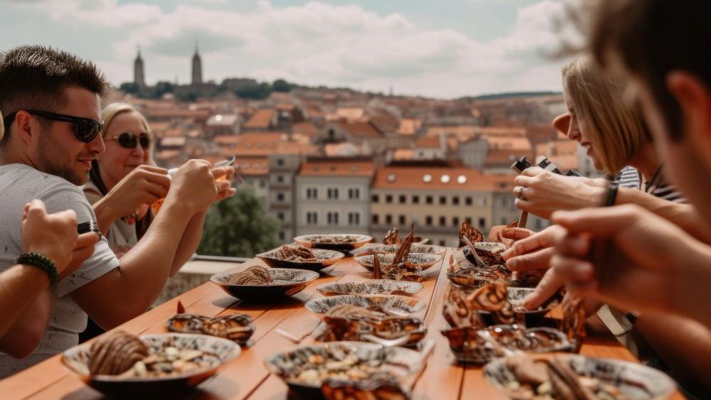 Personas comiendo en una mesa al aire libre con vistas a una ciudad de tejados rojos. Disfrutan de comida y bebida en un día soleado.
