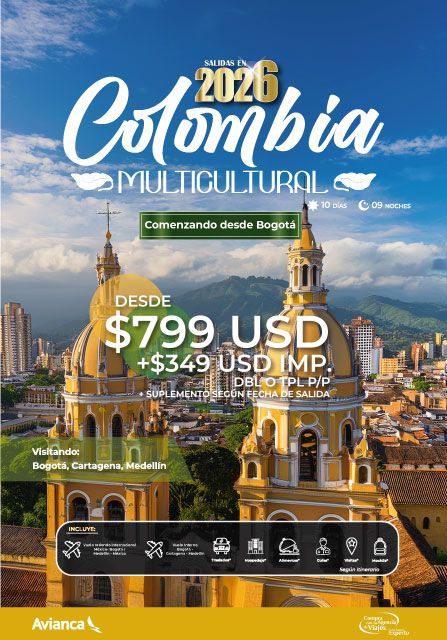Anuncio de viajes a Colombia en 2026, que promociona tours multiculturales desde Bogotá. Incluye vista de la ciudad, precios y el logotipo de la aerolínea.