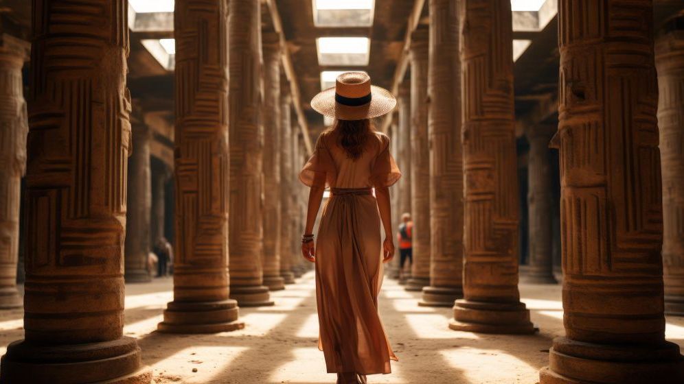 Mujer con sombrero para el sol caminando hacia la luz en un antiguo templo con altas columnas.
