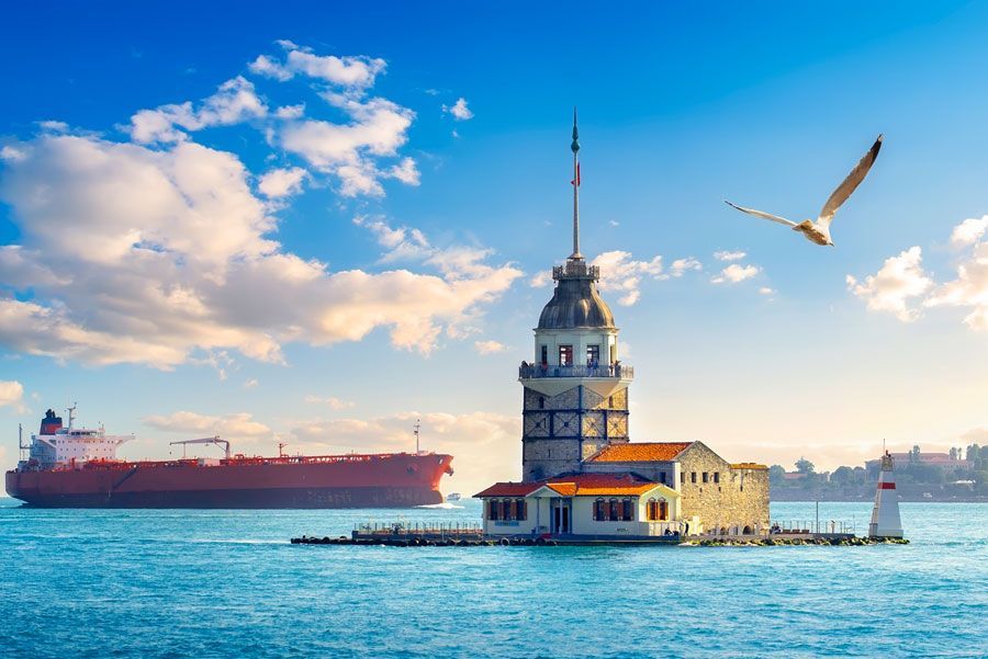 Torre de la Doncella en Estambul, Turquía, con una gaviota volando y un gran barco al fondo bajo un cielo azul.