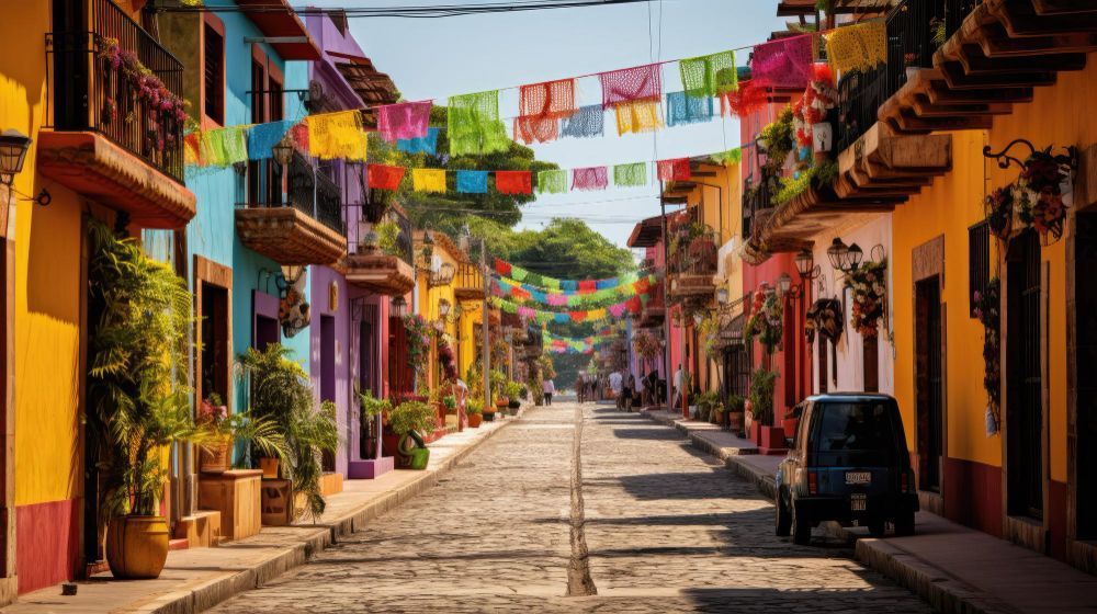 Calle adoquinada en San Cristóbal de las Casas, México, bordeada de coloridos edificios y con banderas festivas ondeando en el cielo. Un coche está estacionado a la derecha.