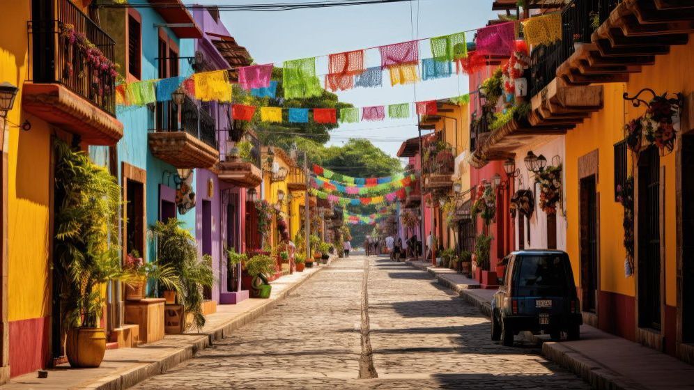 Calle colorida en Oaxaca, México, con edificios vibrantes, camino adoquinado y banderas festivas colgadas en lo alto.