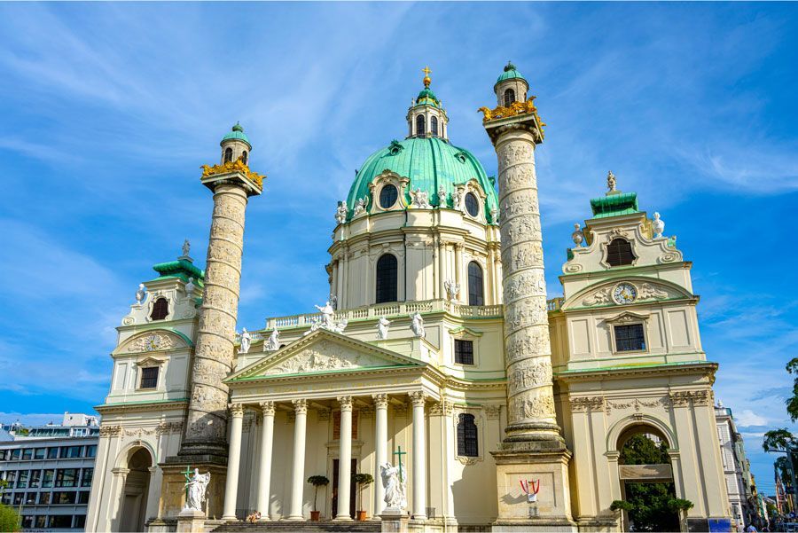 Iglesia Karlskirche en Viena, Austria, con una cúpula verde, columnas blancas y cielo azul.