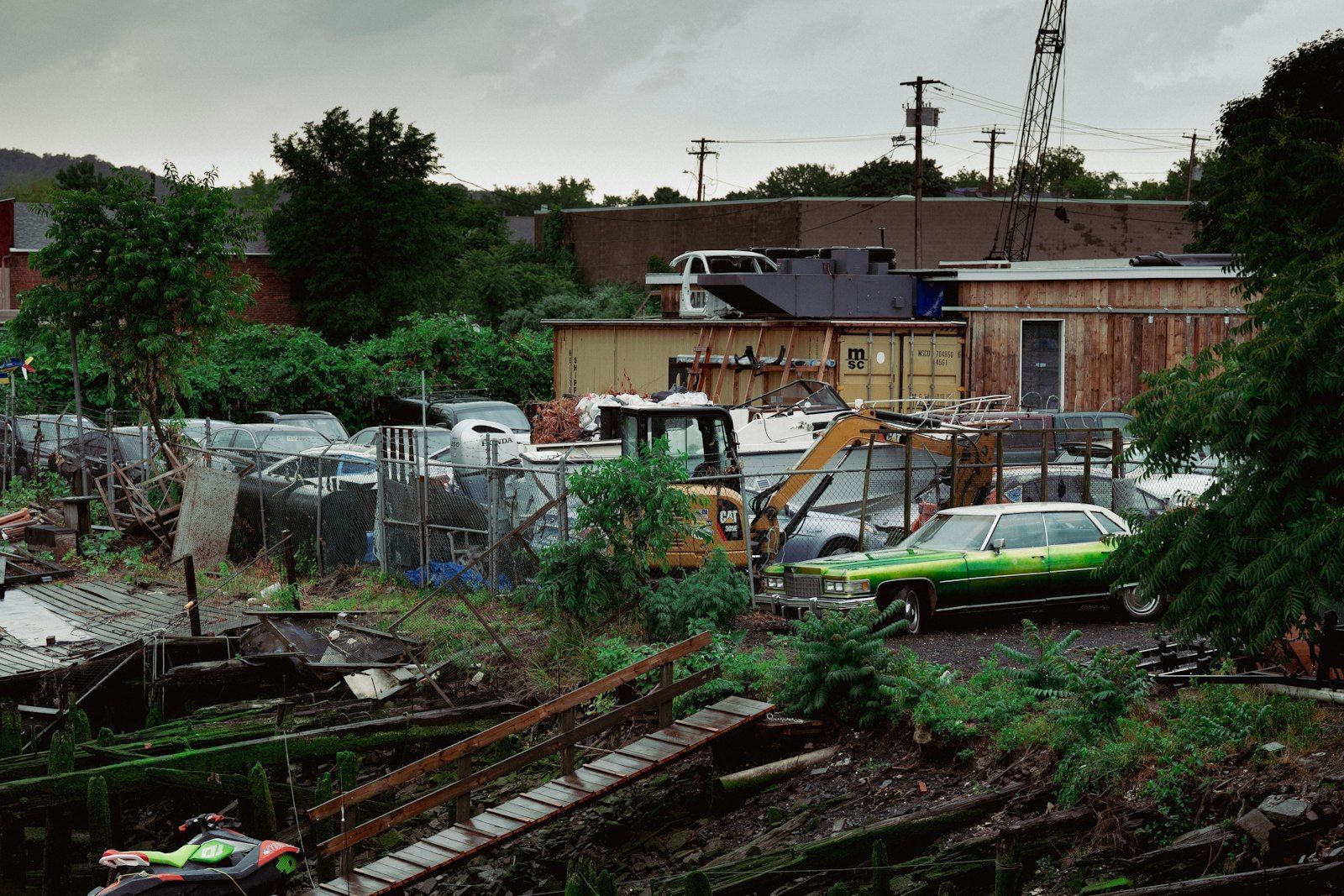 Wrecked and abandoned vehicles in a salvage yard