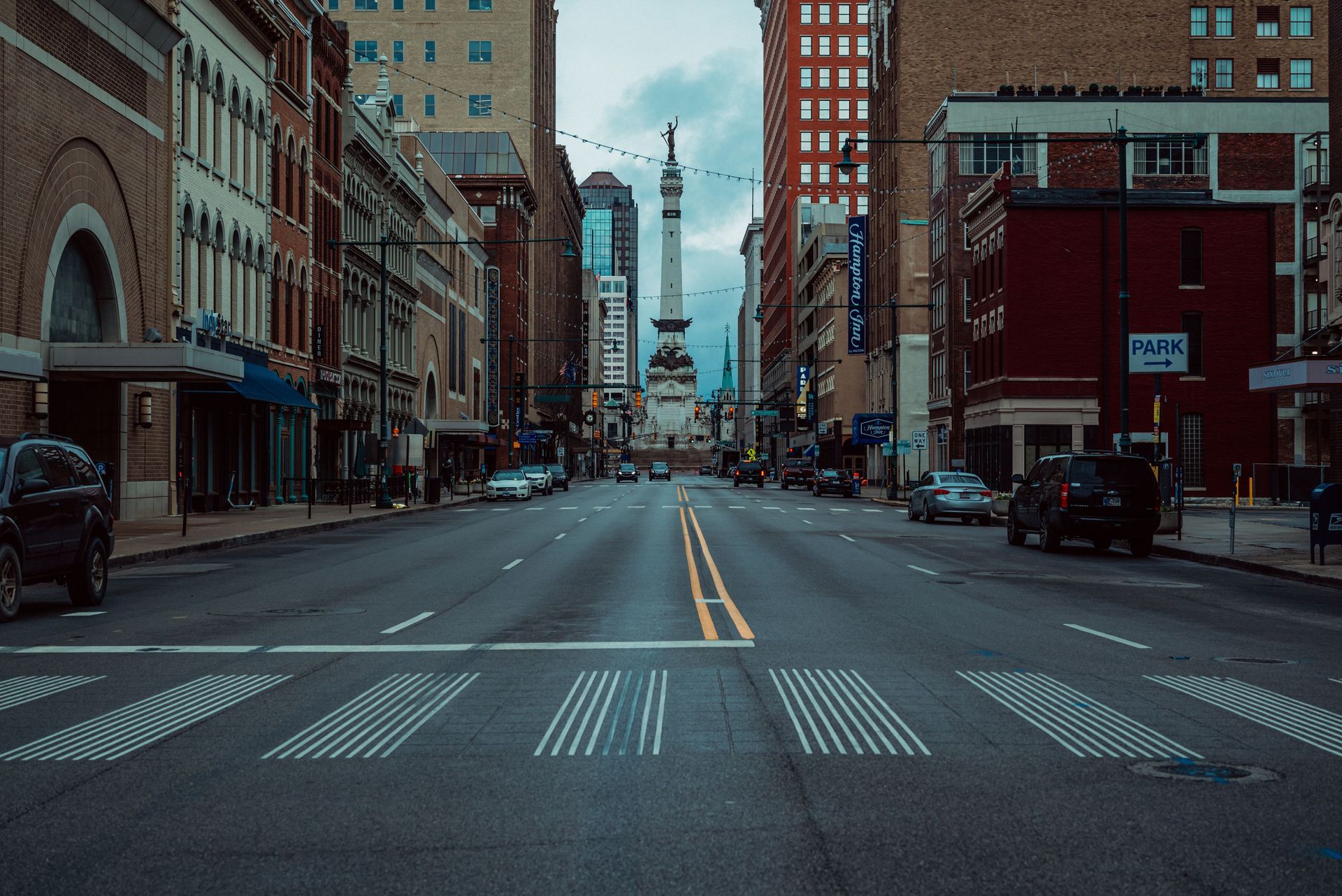 Looking down Market Street toward the Soldiers and Sailors Monument in Indianapolis, Indiana