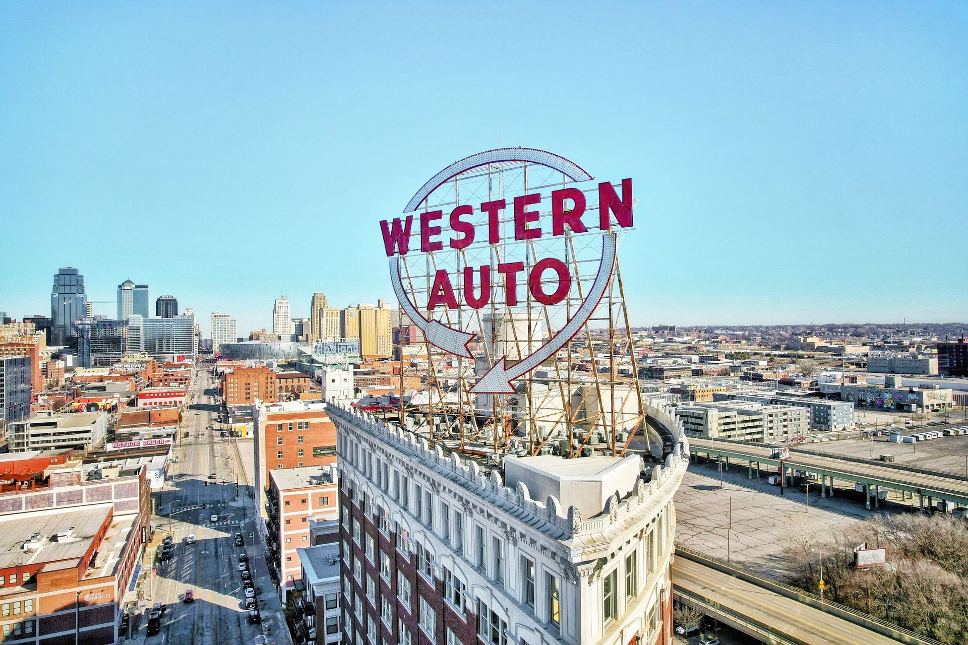 The historic Western Auto building and iconic neon sign overlooking downtown Kansas City Missouri