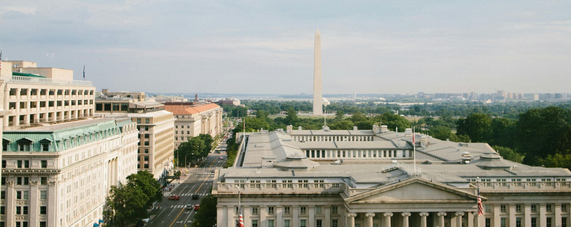 Washington DC skyline with the Washington Monument rising above downtown buildings