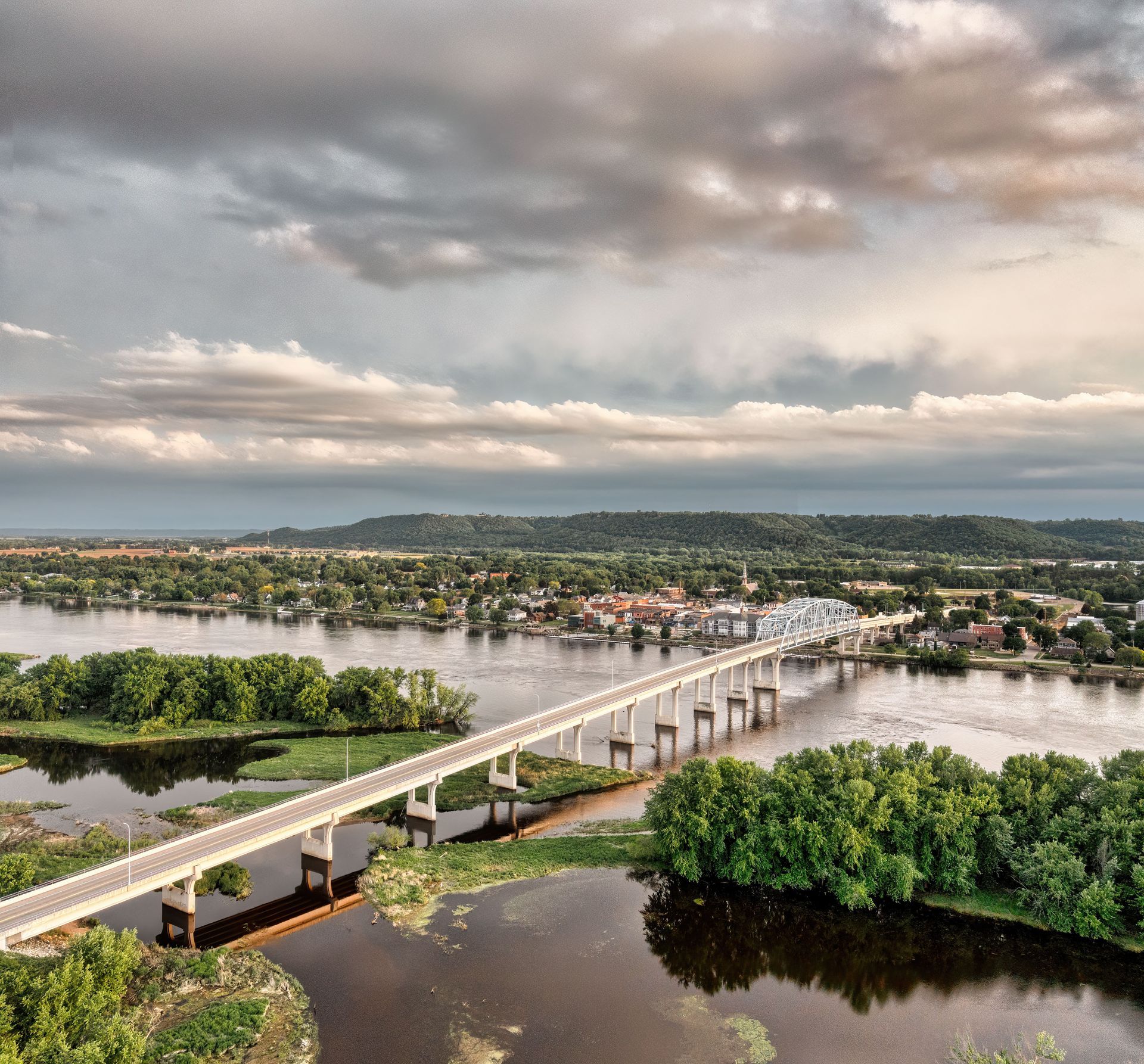 Aerial view of the Interstate 90 Dresbach Bridge crossing the Mississippi River near La Crosse, Minn