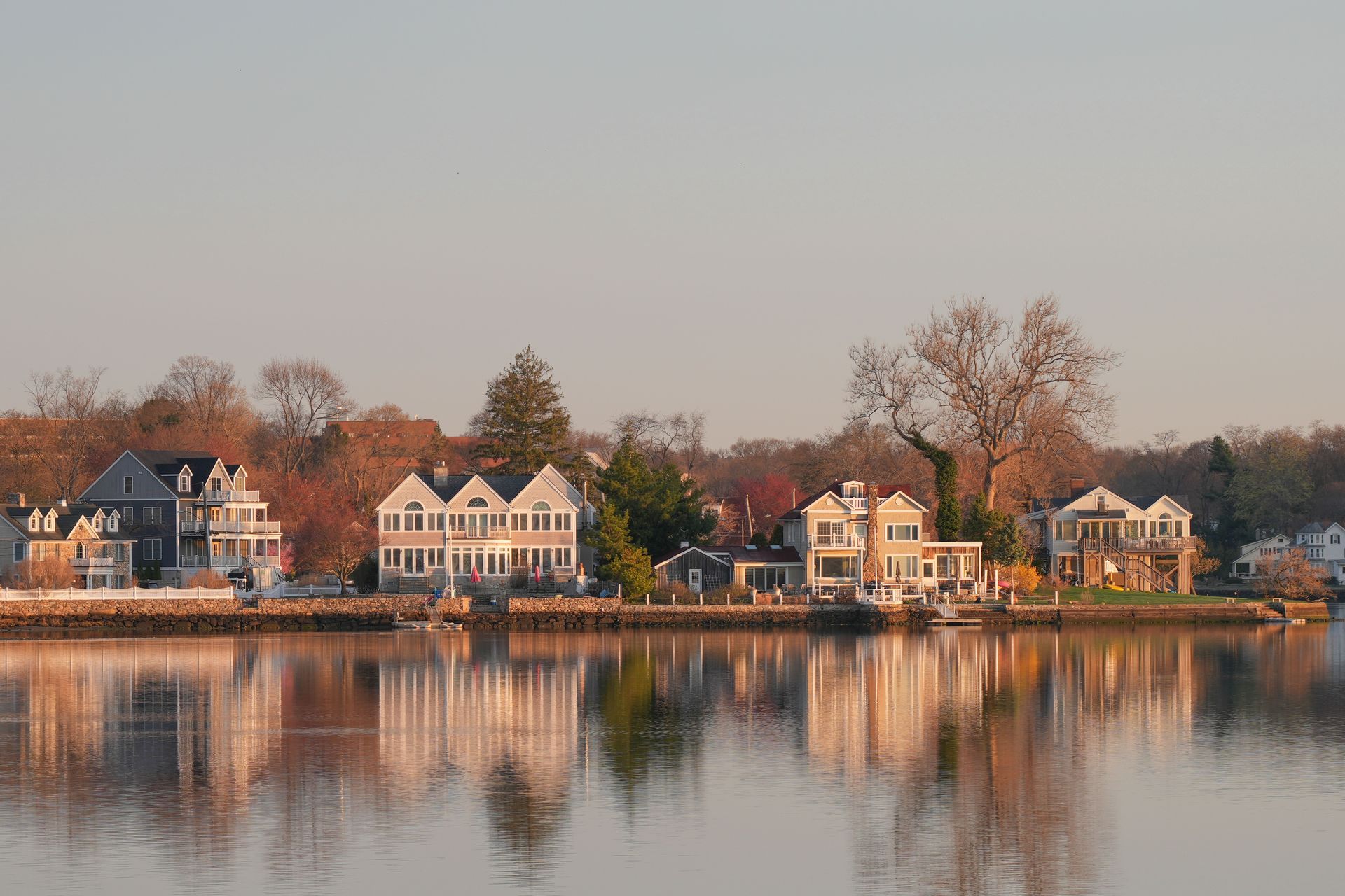Sunrise reflecting off historic waterfront homes in Stamford, Connecticut