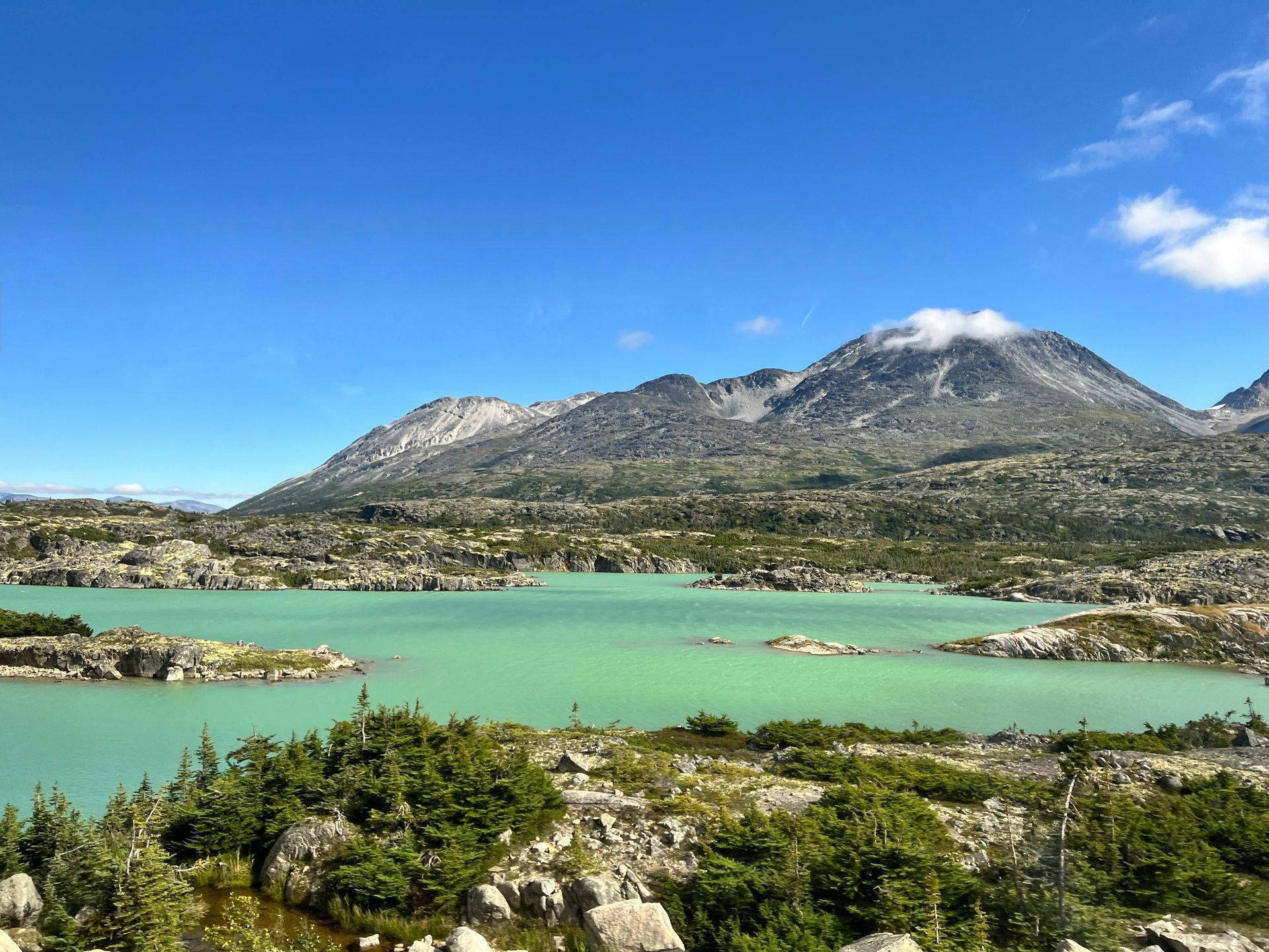 Glacial mountain lake landscape in the White Pass region near Skagway, Alaska