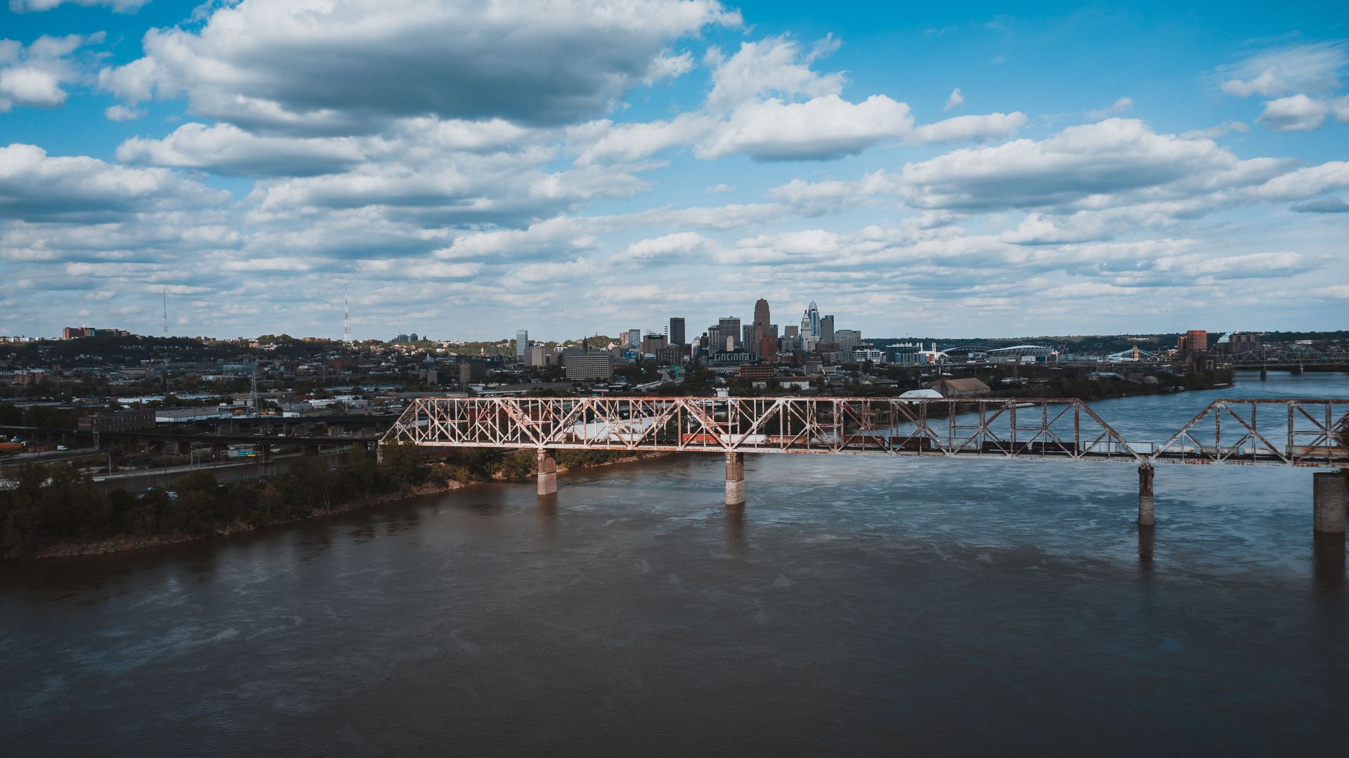 Aerial view of the Big Four Bridge and the downtown city skyline in Louisville, Kentucky