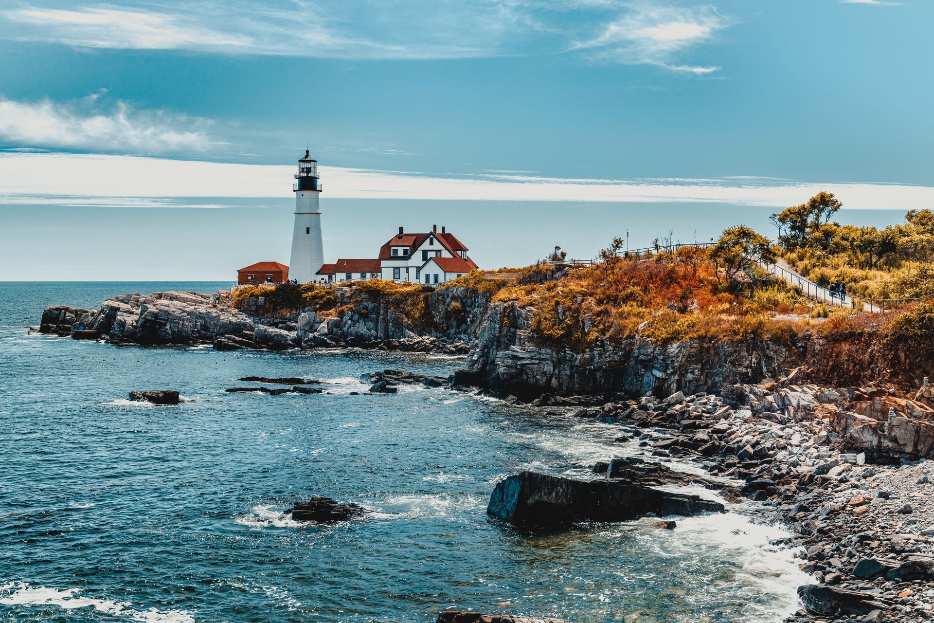 The scenic Portland Head Light on the rocky coast of Cape Elizabeth near Portland, Maine