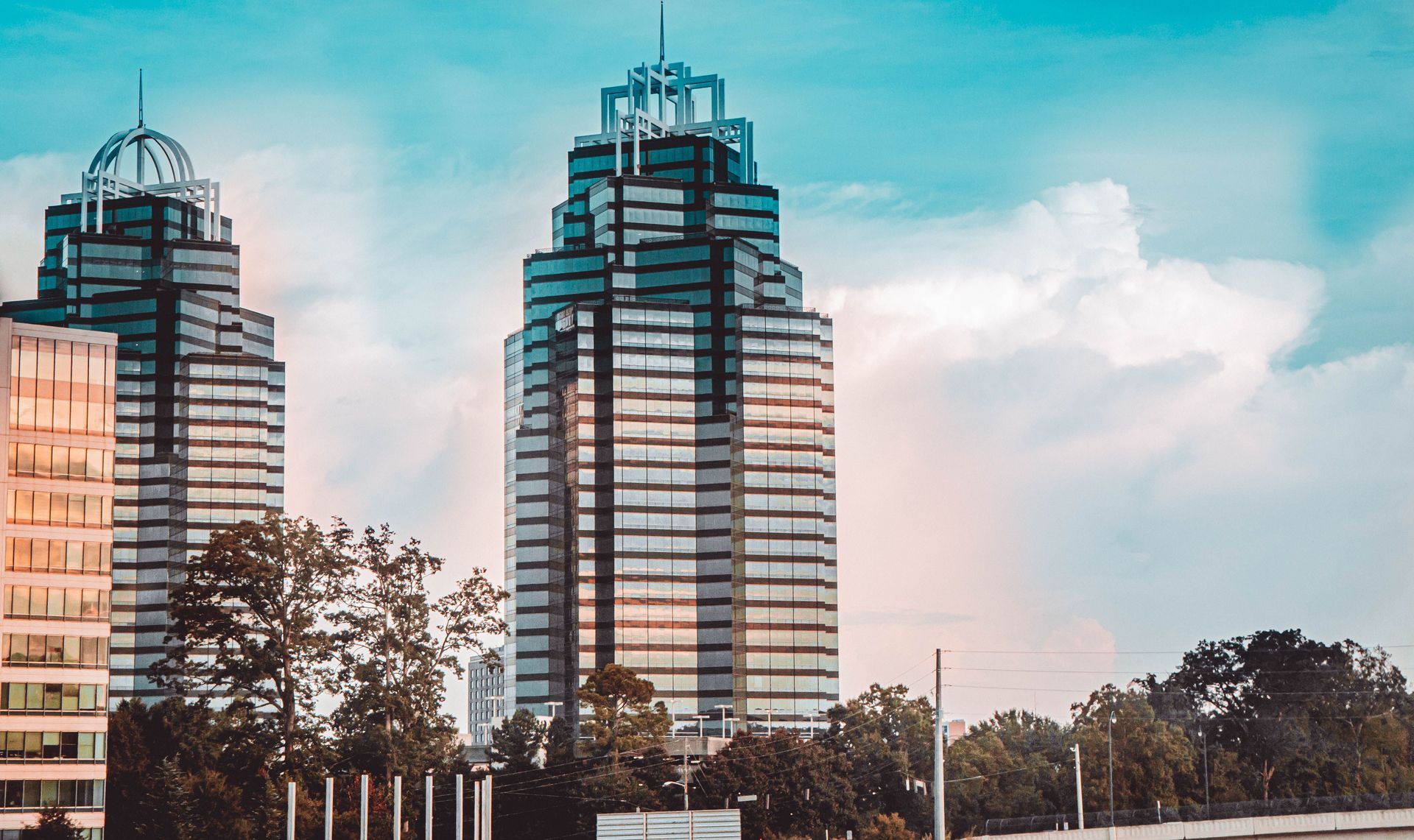 The iconic King and Queen towers of the Concourse at Landmark Center in Sandy Springs, Georgia