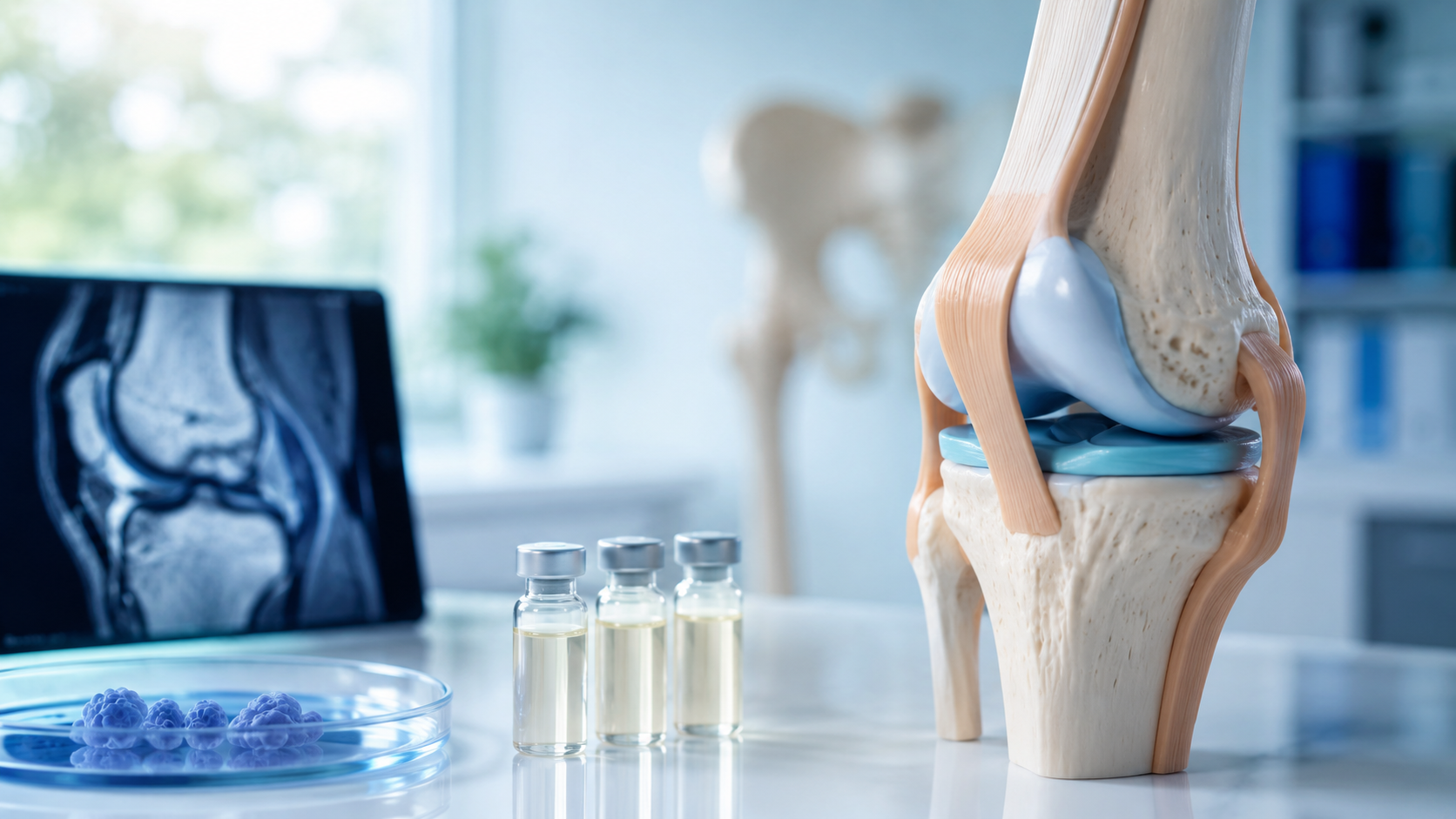 Doctor explaining stem cell therapy recovery timeline using a knee model during a regenerative medic