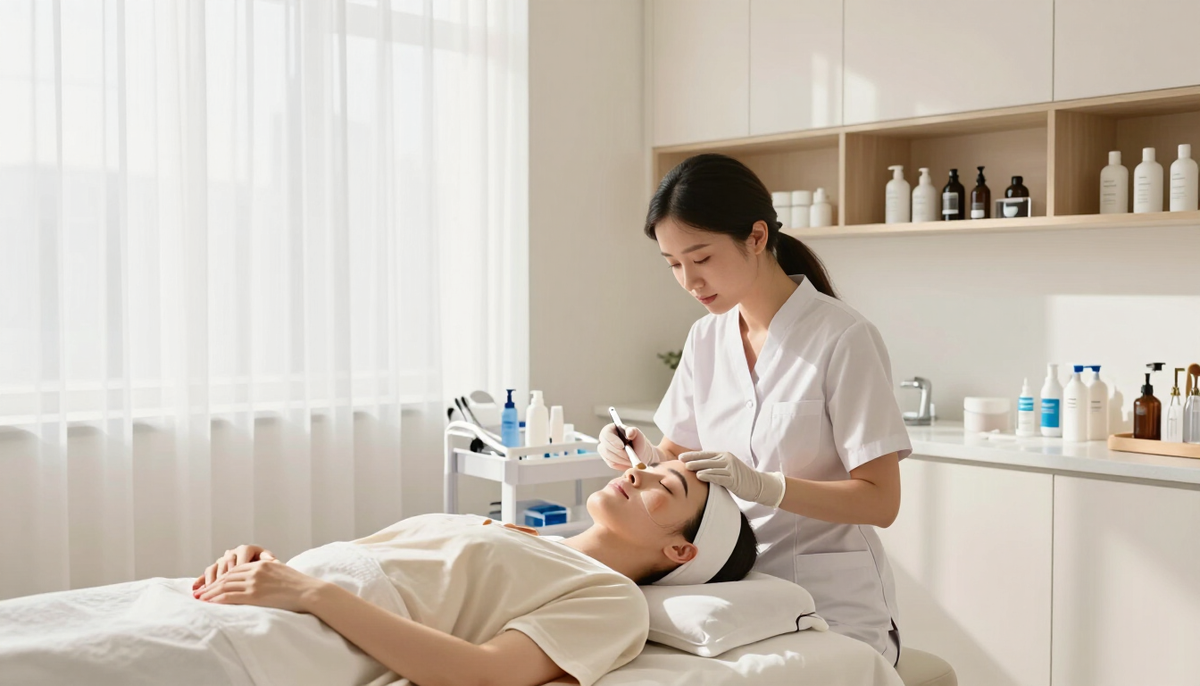 Instructor guiding a student through a facial in a bright training room