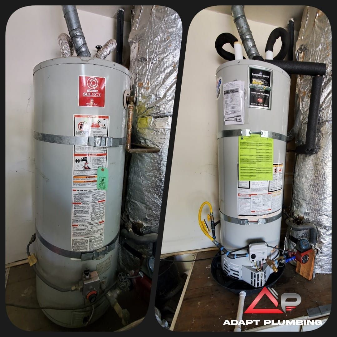 A before and after picture of a water heater from adapt plumbing