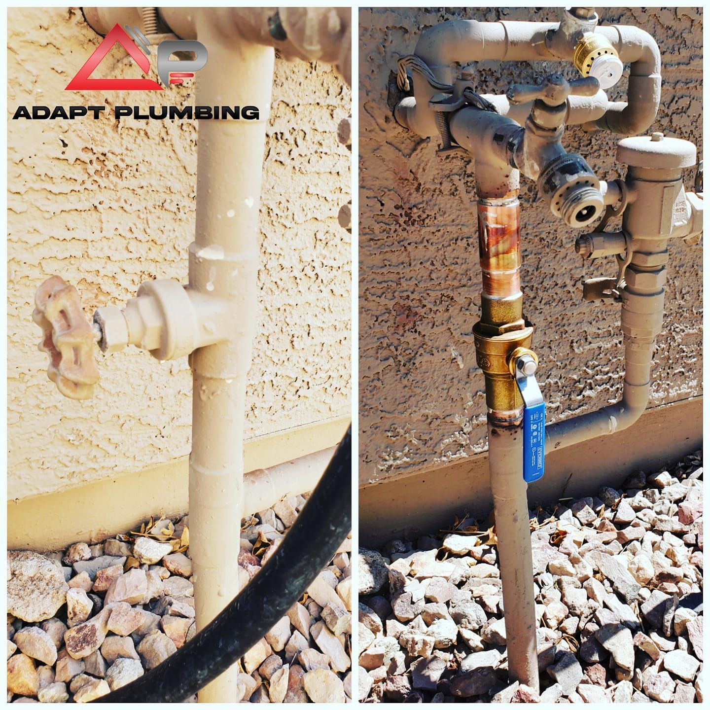 A before and after picture of a water pipe with adapt plumbing written on the bottom